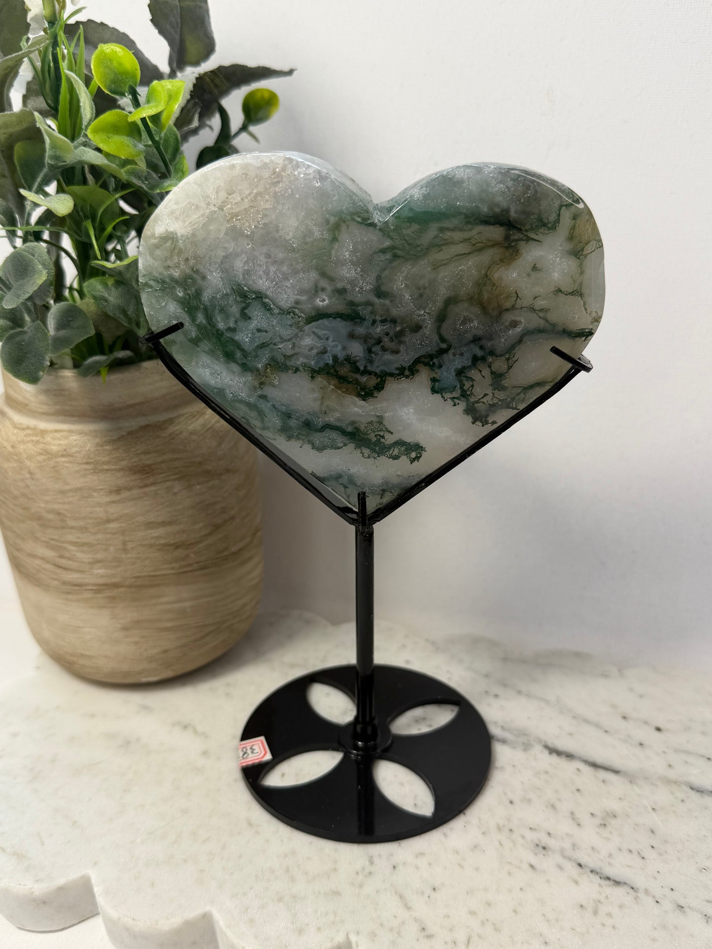 Moss agate heart on stand