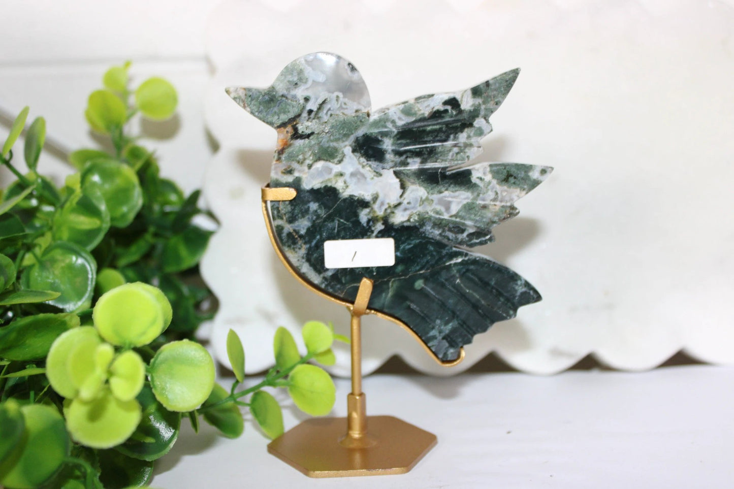 Moss Agate Bird on Stand by Heartstone Sanctuary