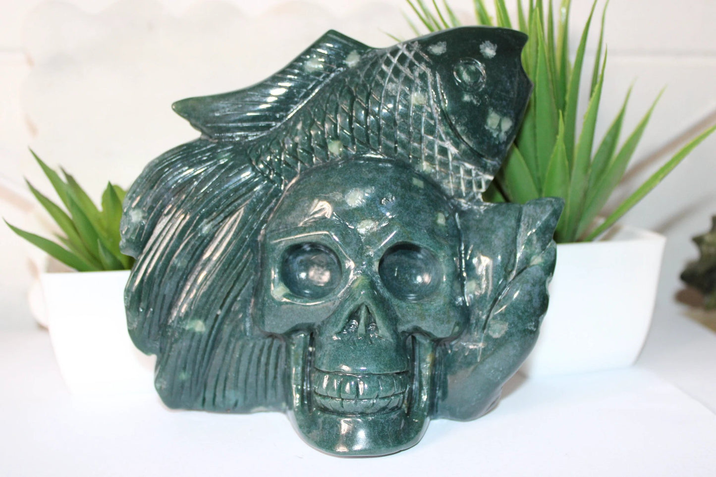 Ocean Jasper Skull & Fish Carving | Rare Crystal Carving by Heartstone Sanctuary
