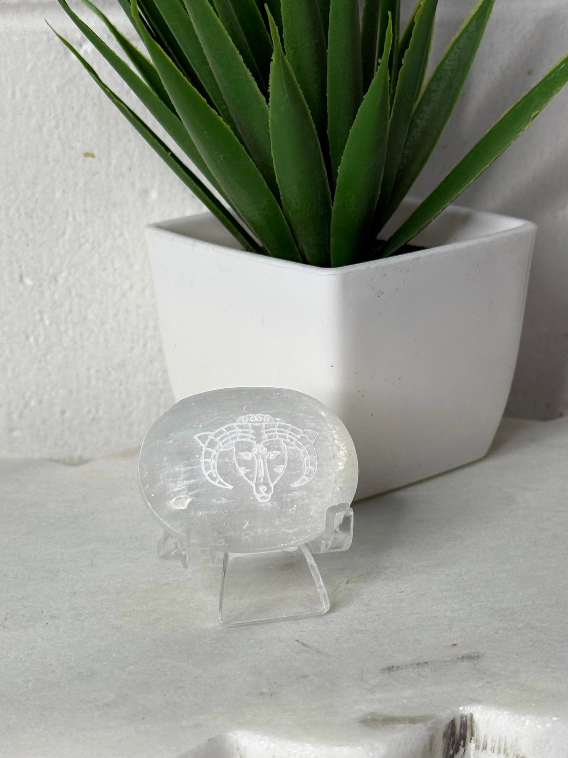 Zodiac Etched Selenite Small Palm by Heartstone Sanctuary