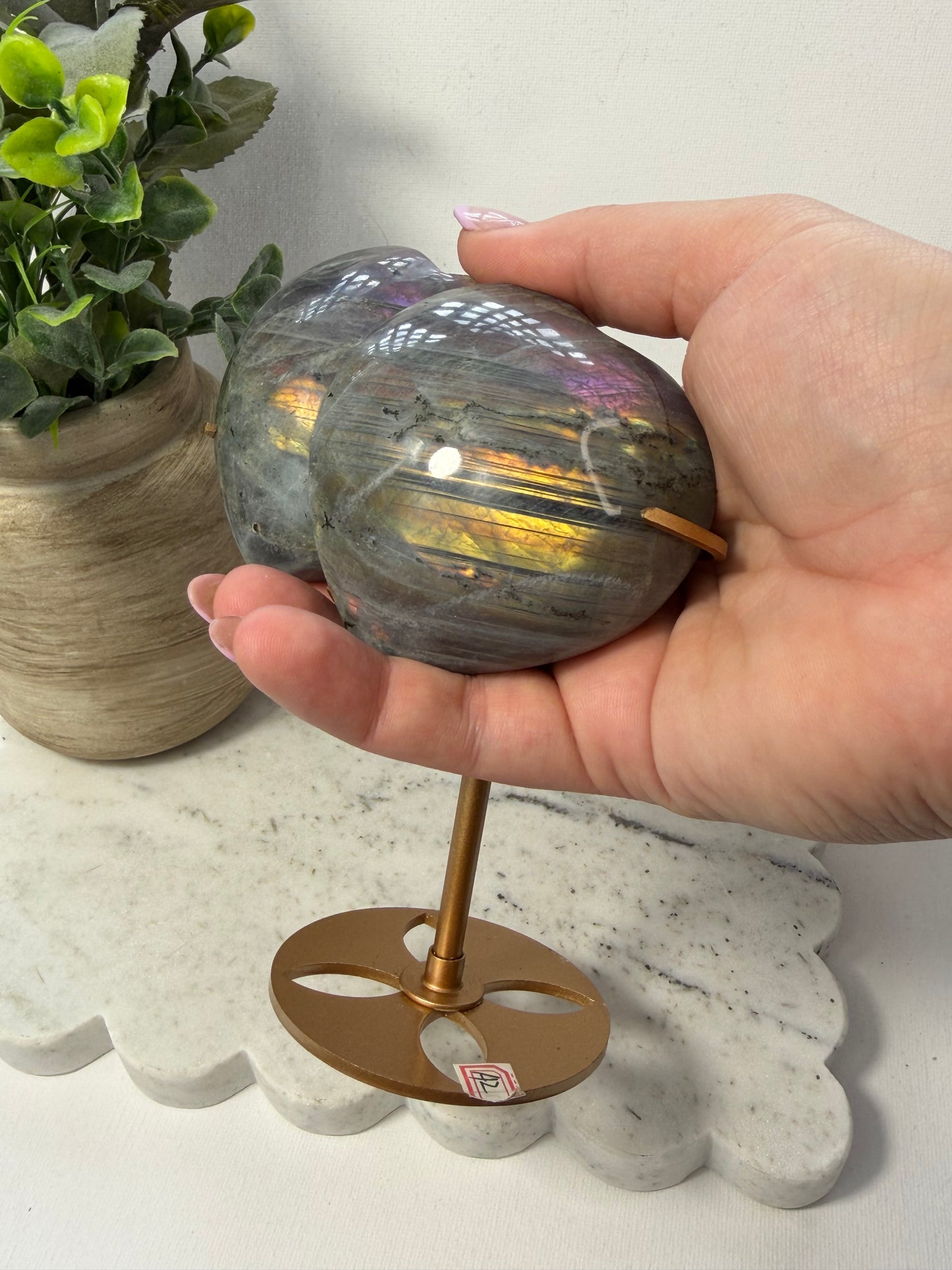 Labradorite double heart on stand