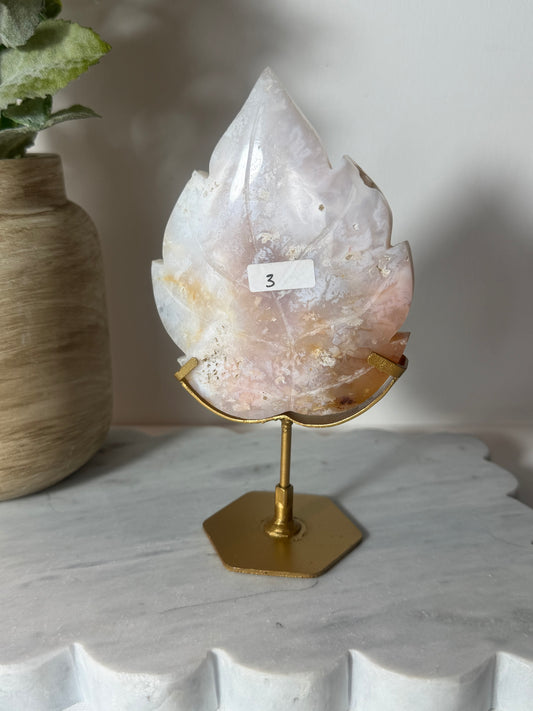 Pink Plume Agate leaf on Stand