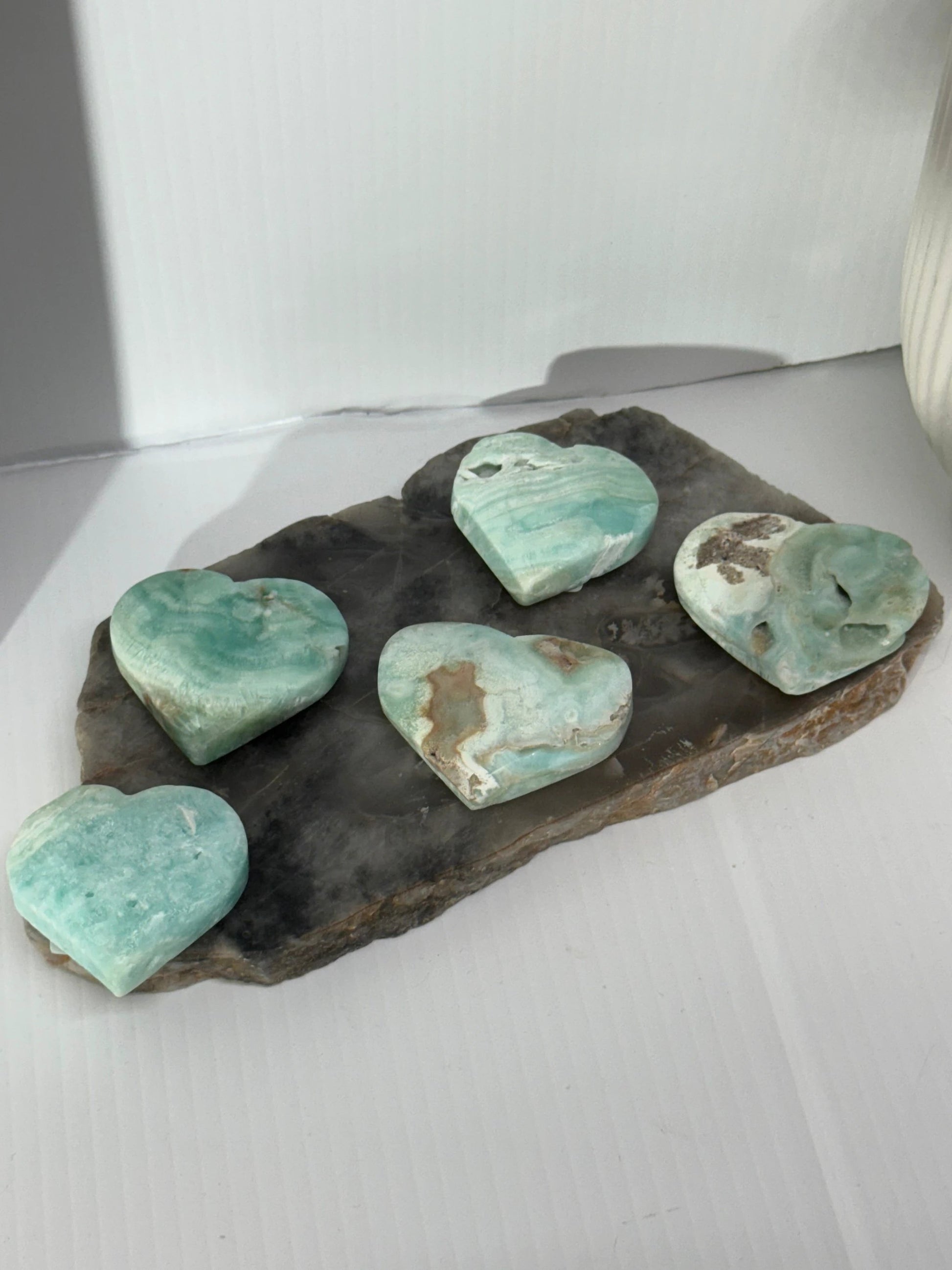 Blue aragonite hearts by Heartstone Sanctuary
