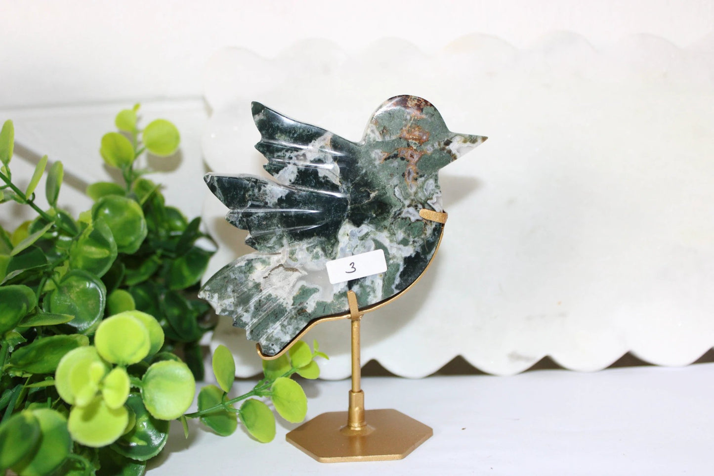 Moss Agate Bird on Stand by Heartstone Sanctuary