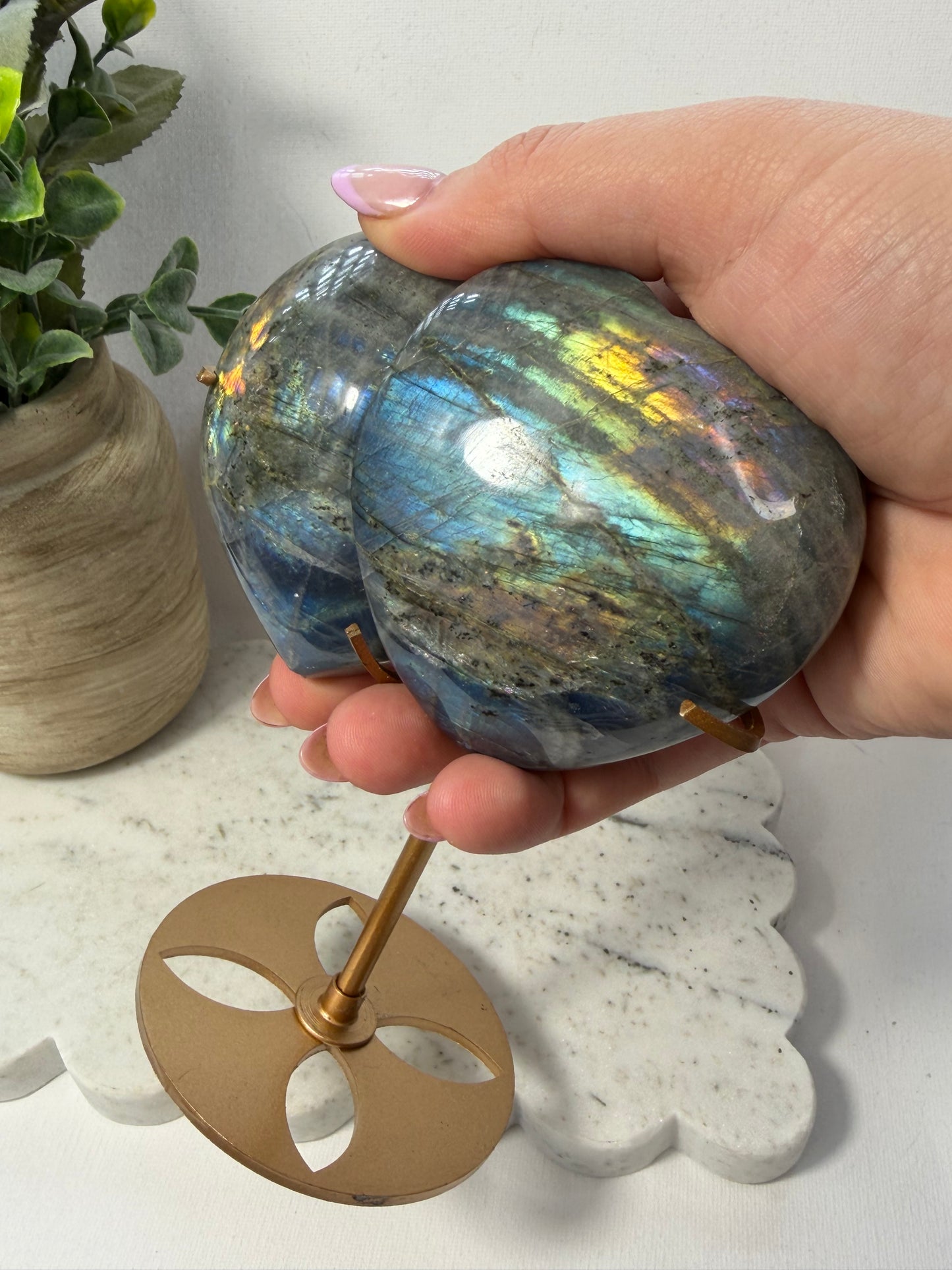 Labradorite double heart on stand