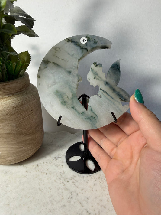 Moss Agate Fairy on Stand