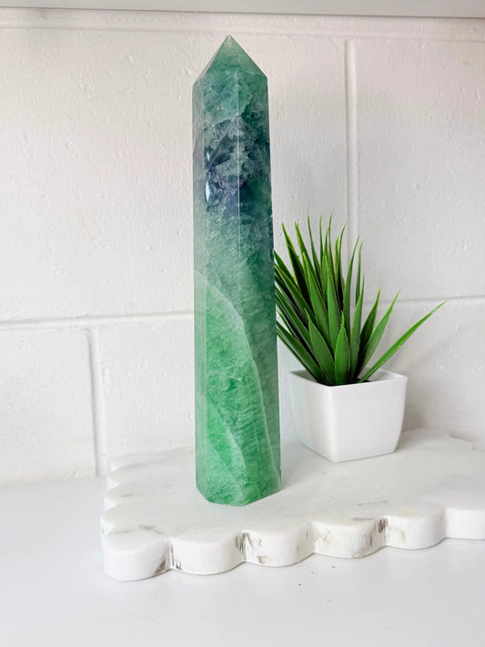 Flourite Tower - 1.025kg - 26cm - slight tip chip by Heartstone Sanctuary