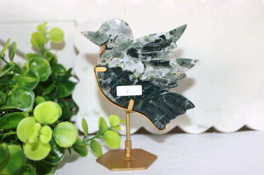 Moss Agate Bird on Stand by Heartstone Sanctuary