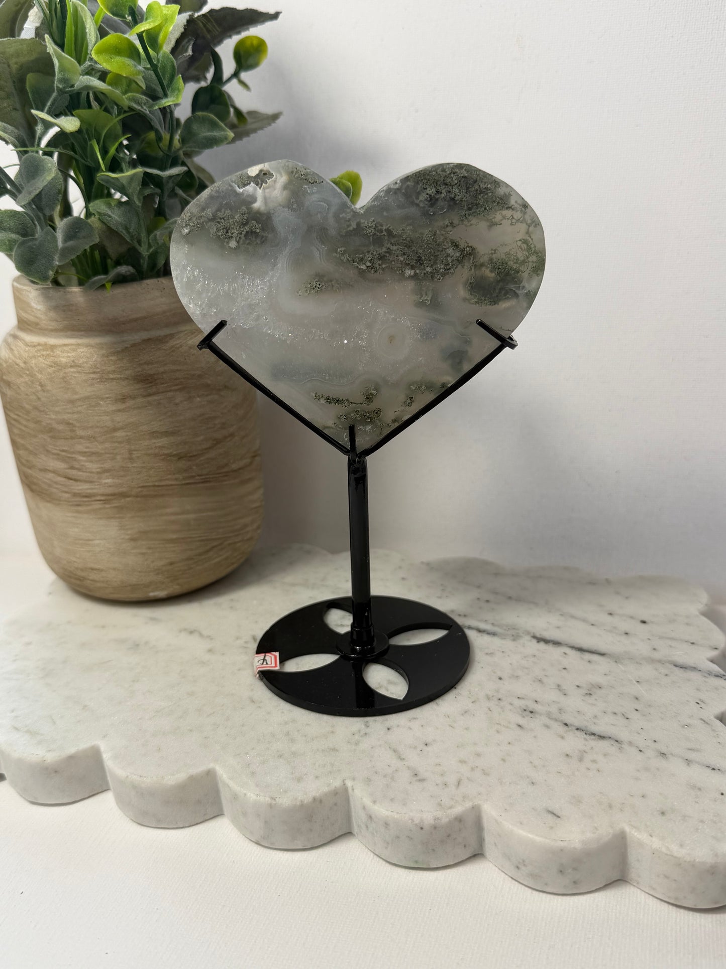 Moss Agate Heart on Stand