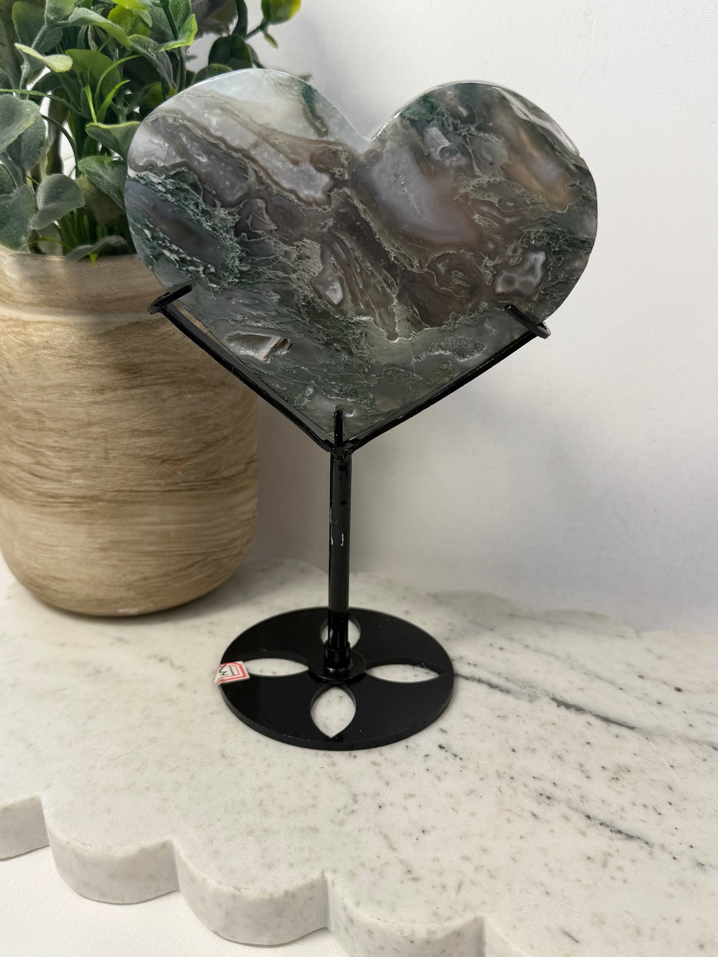 Moss Agate Heart on Stand